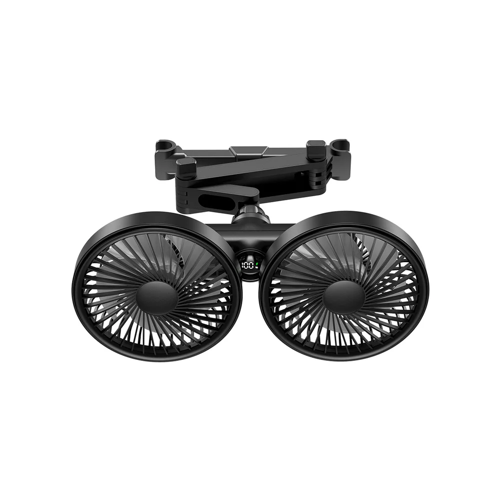 USB Dual Head Car Fan for Rear Seat Cooling 360 Degree Adjustable Dual Fans 3 Speed Control 3300 RPM Performance