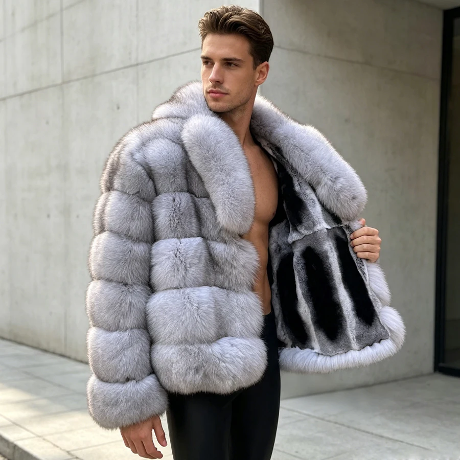 Echte Pelzmäntel Herren Winterjacke Natürlicher Fuchspelzmantel Revers Volle Haut Echte blaue Fuchspelzmäntel Warme Luxus-Neuheiten