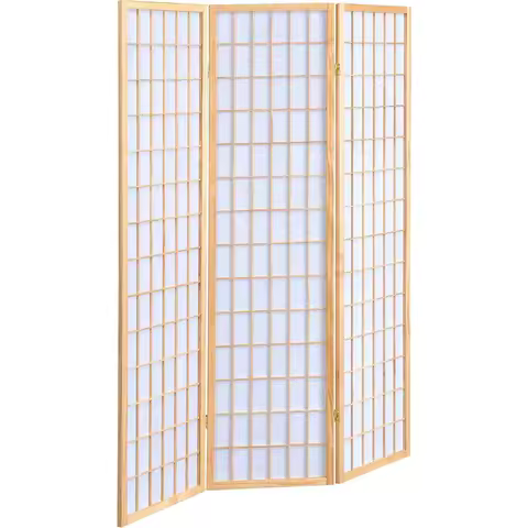 Carrie Solid Wood 3-Panel Folding Shoji Screen Room Divider with Linear Grid Design, Metal Hinges