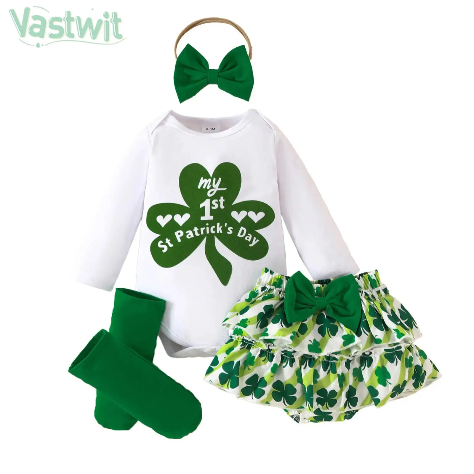 Baby Girls Cute Outfit Long Sleeve Print Romper with Shorts Socks Headband St.Patrick's Day Birthday Party Photography Costume