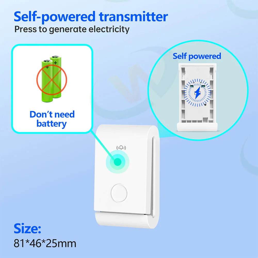 RF Smart Outdoor Wireless Doorbell Without Battery Waterproof Wireless Bell 2 In 1 EU UK Plug Self powered Button Ring Doorbell
