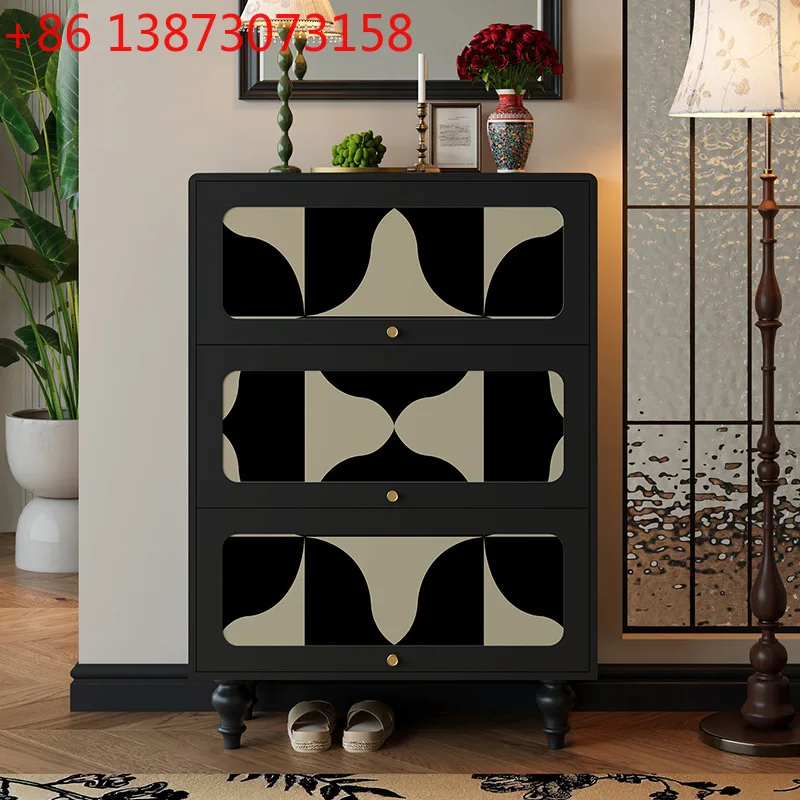

French retro geometric home shoe cabinet, entrance cabinet, household living room integrated against the wall, solid wood