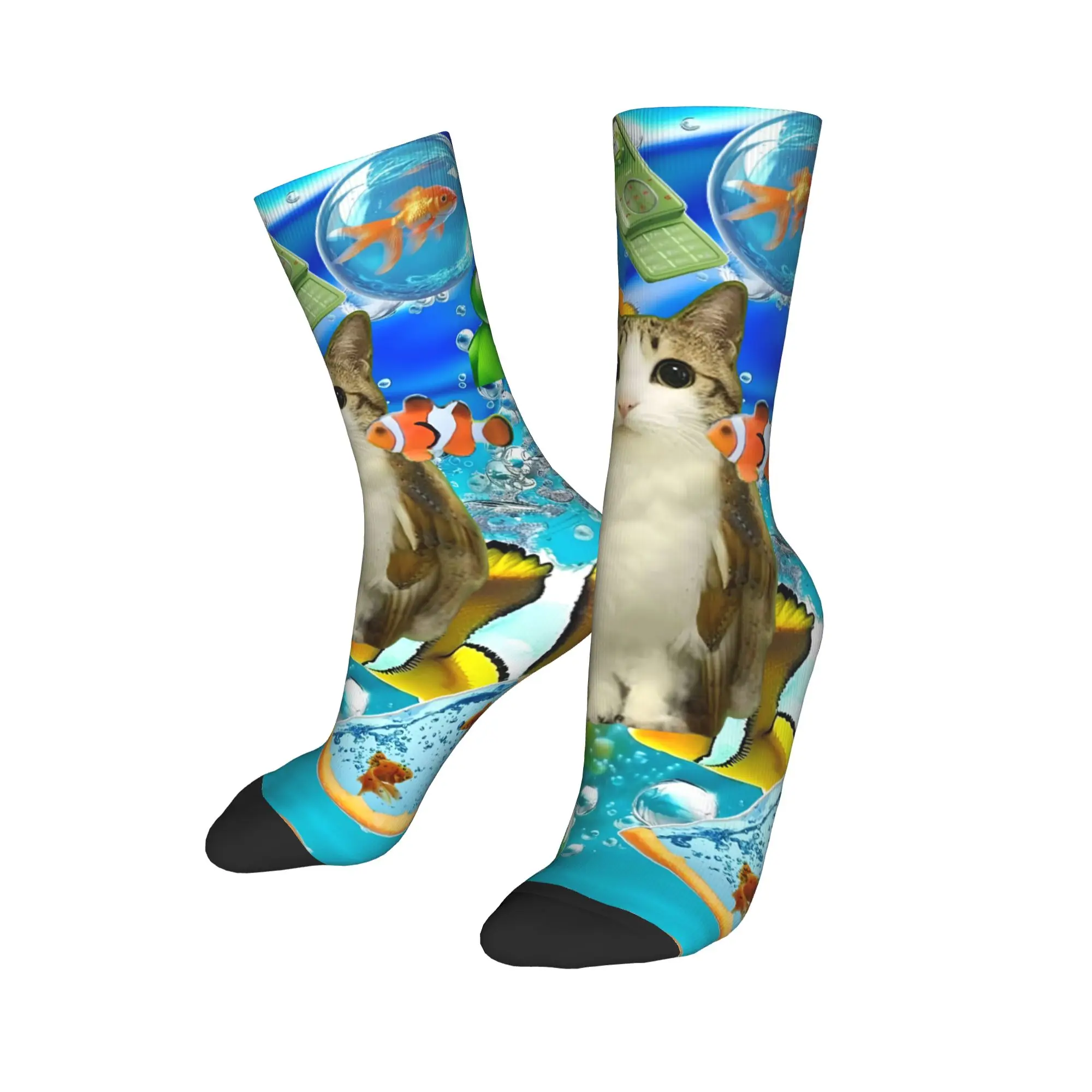 Cool Frutiger Aero Cat Fish Football Socks Meowl Polyester Long Socks for Women Men Breathable