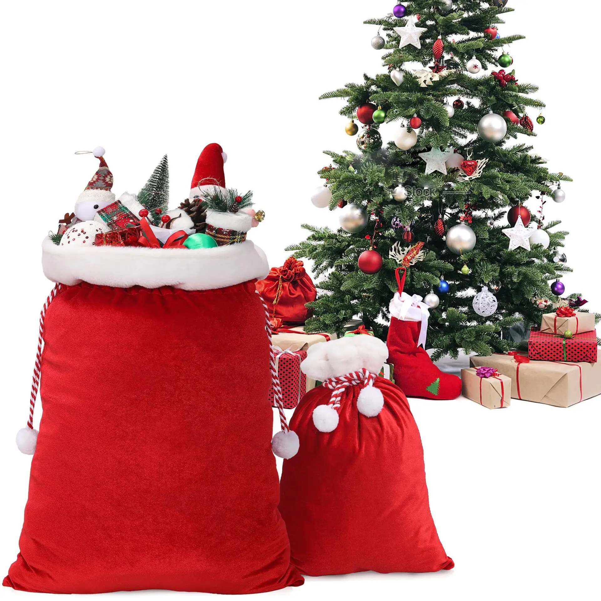‌Santa Claus Drawstring Bag ‌Velvet Christmas Gift Bag Plush Santa Claus Backpack Flannel Drawstring Pouch for Candies Decorate