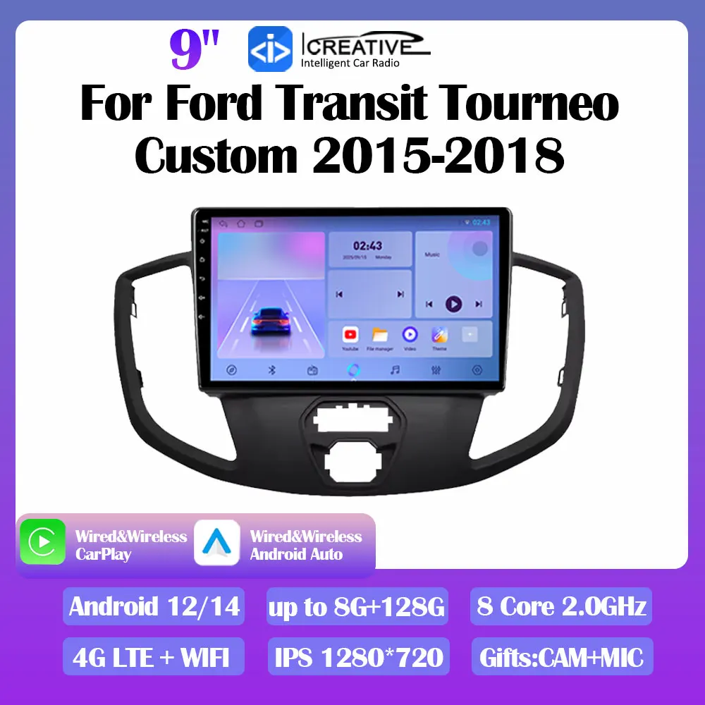 Android 14 Car Radio Stereo Ford Transit Tourneo Custom 2015-2018 Multimedia Video Player Navigation GPS CarPlay Autoradio DSP