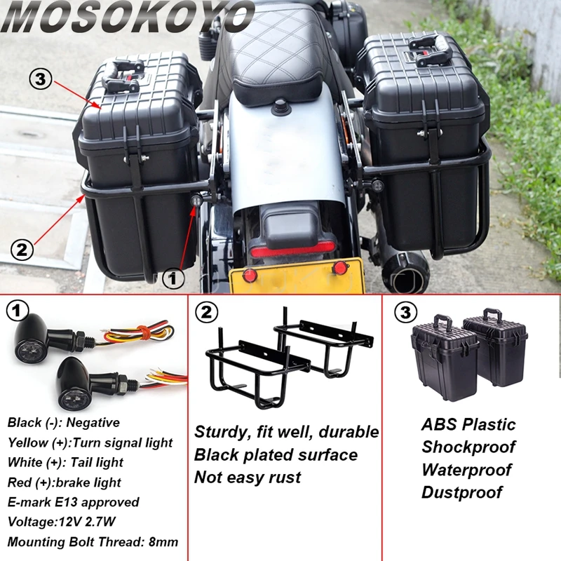 For Harley M8 Softail Tool Box ABS Plastic Storage Toolbox Tool Case Outdoor Suitcase W/ Side Rail Guard Signal Light Taillight