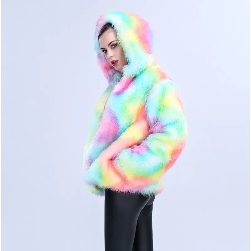 Rainbow Faux Fur Coat Women Winter Warm Coat Hoodie Nightclub Party Rave Outfit Colorful Clothes New Christmas Suit