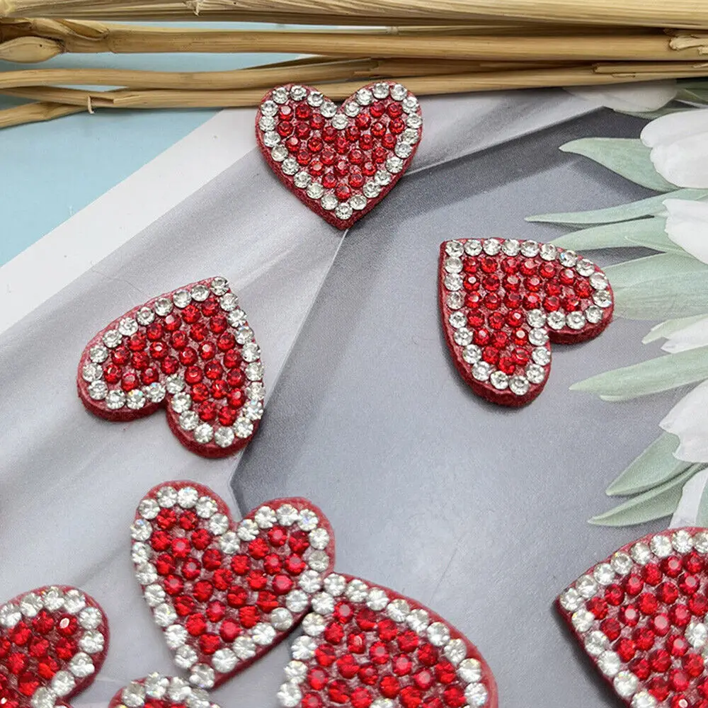 10x Small Red Heart Patch Rhinestone DIY Hair Accessories Clothing Sewing Patch