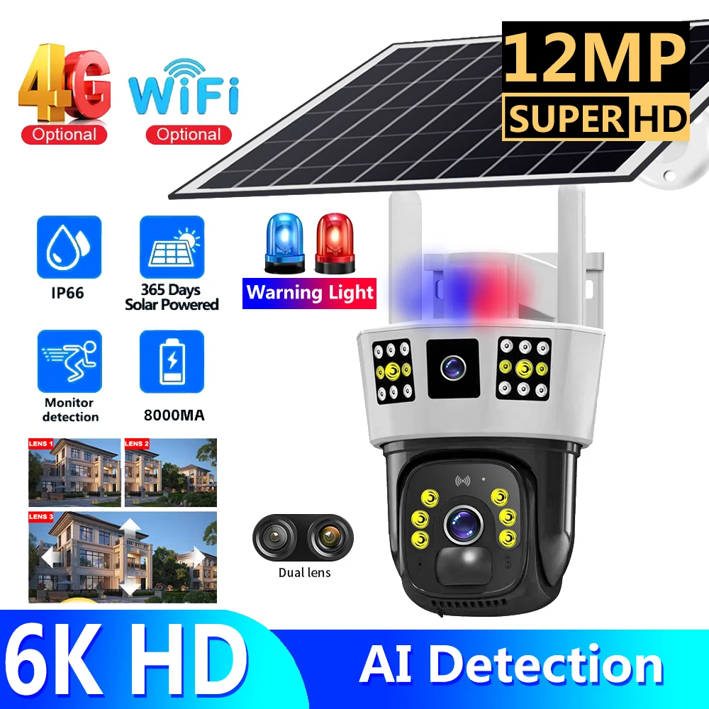 

Outdoor Surveillance Camera 4G SIM Card Wifi Network House Interior Wireless Cameras Solar Panel Battery Powered Smart Home 12MP