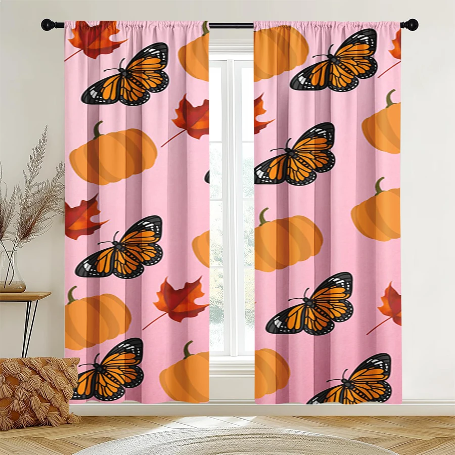 2PCS Digital Print Curtain, Butterflies Pumpkins Maple Leaves, Pink Background Autumn Garden Style for Living Room Bedroom Decor
