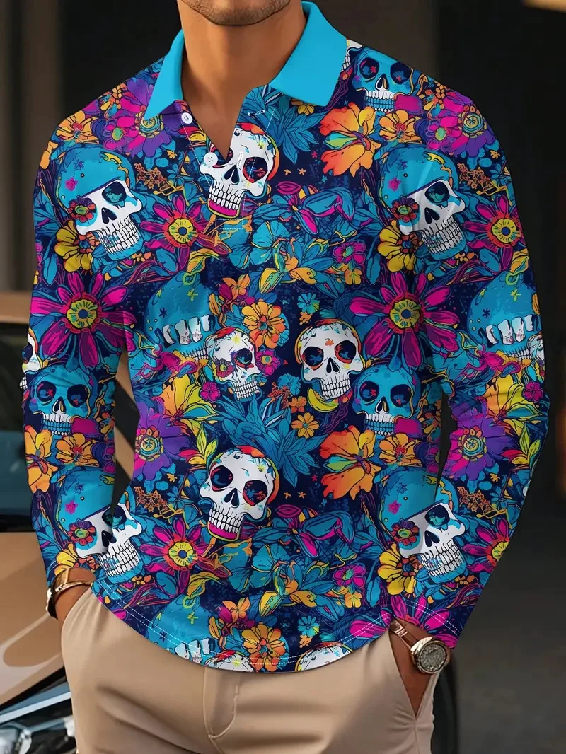 

3D Printed Creative Skull Graphic Men's Polo Shirt Halloween Element Long Sleeve Button Lapel Shirts Fashion Cool Gothic Clothes
