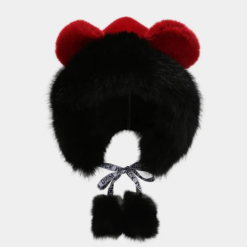 Cute Fox Ears Plush Lei Feng Hat Women Winter New Anti Cold Warm Bomber Cap Soft Skin Friendly Imitation Rabbit Fur Earflaps Hat