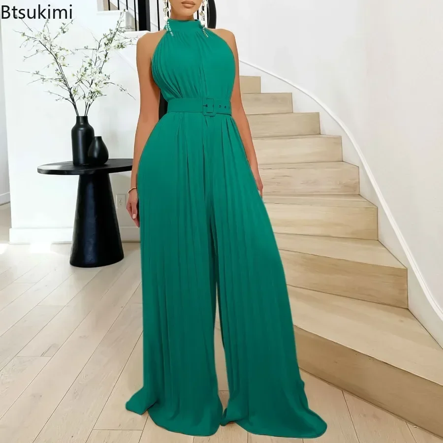 Fashion Jumpsuits for Women Temperament Solid Sleeveless Sexy Casual Wide Leg Pleated Rompers Females Party Bodysuits with Belt