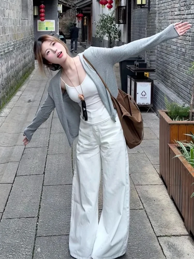 

White High Waist Wide Leg Jeans Women's Summer Thin Loose Lazy High Draping Straight Leg Pants Casual Loose Fit Denim Jeans