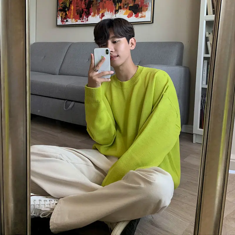 Korean style sweater men's trendy autumn and winter loose round neck solid color pullover sweater thickened casual sweater tops