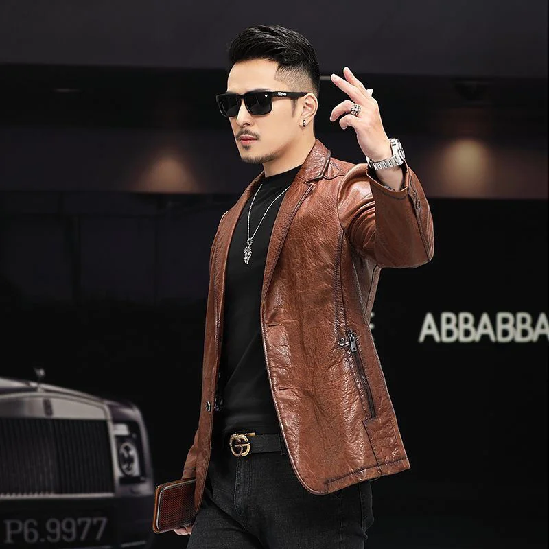 leather 100% genuine fur coat men jacketLeather , men\'s Haining sheep slim suit collar, thin Korean small suit, handsome youth