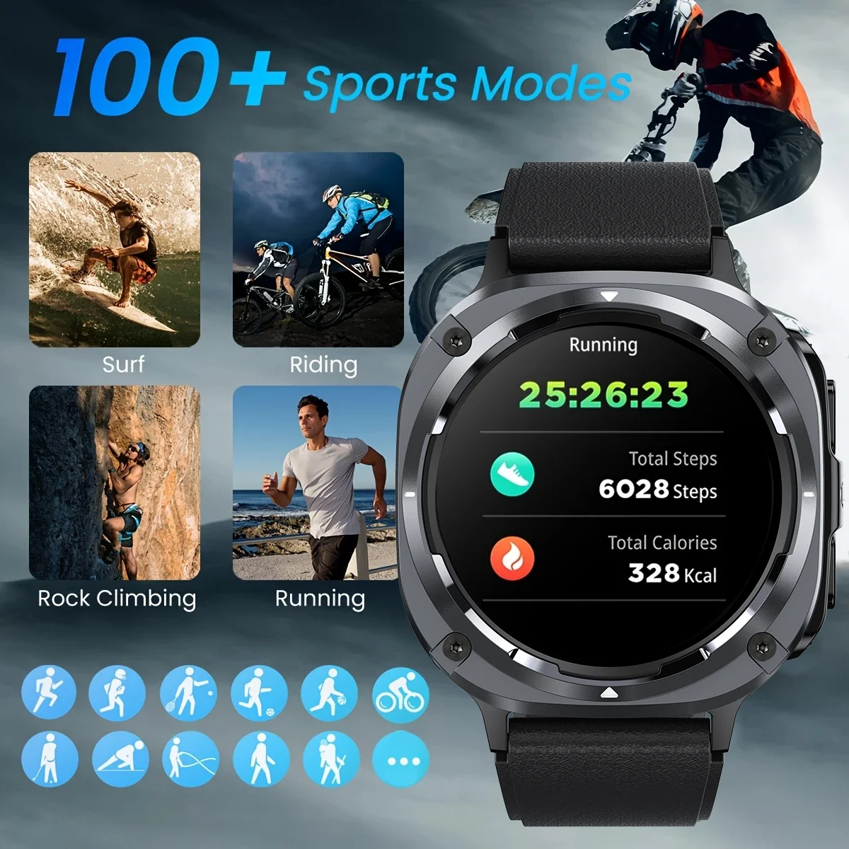 DAORKOW2025 신형 남성용 스마트워치, IPX8 방수, LED 조명, 블루투스 통화, 심박수, 수면 모니터링, 스포츠 스마트워치