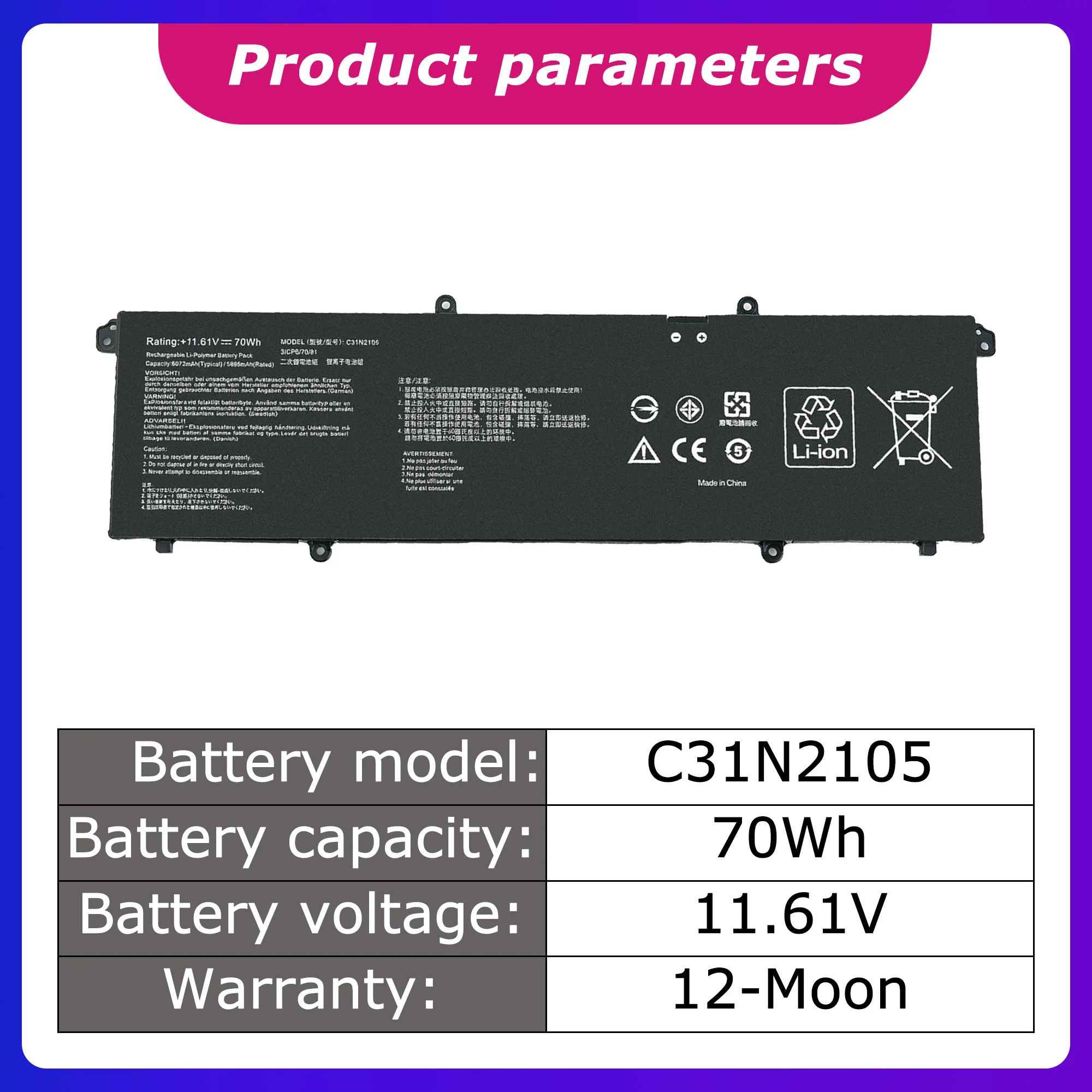 C31N2105 Genuine Battery for Asus Vivobook M3402QA/K3402ZA/M5402RA Series S5600F/S4600F Laptop Battery 6072mAh