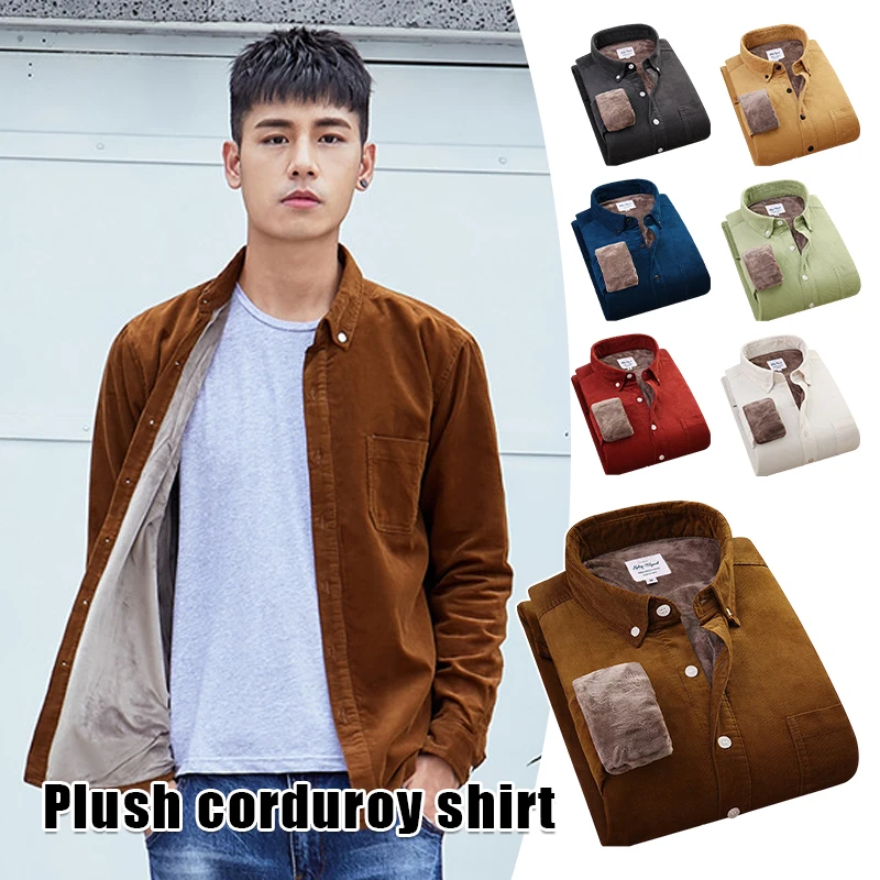 

Men Winter Corduroy Fleece Lined Warm Business Shirts Classic Style Thick Velvet Shirts Casual Long Sleeve Outwear Coat