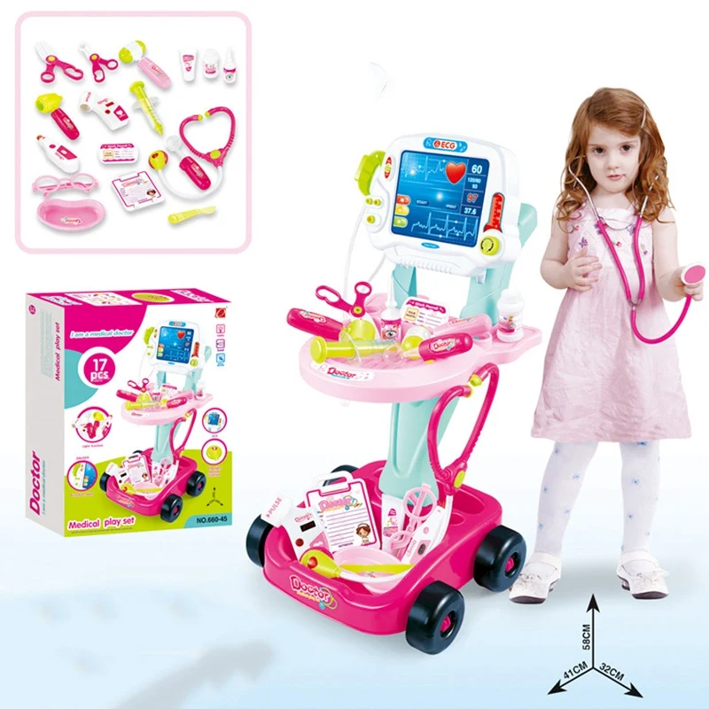 Pretend Play Doctor Toys Set Doctor Kit with Simulated Electrocardiogram Toy Injections Home Medicine Box Set Trolley,B