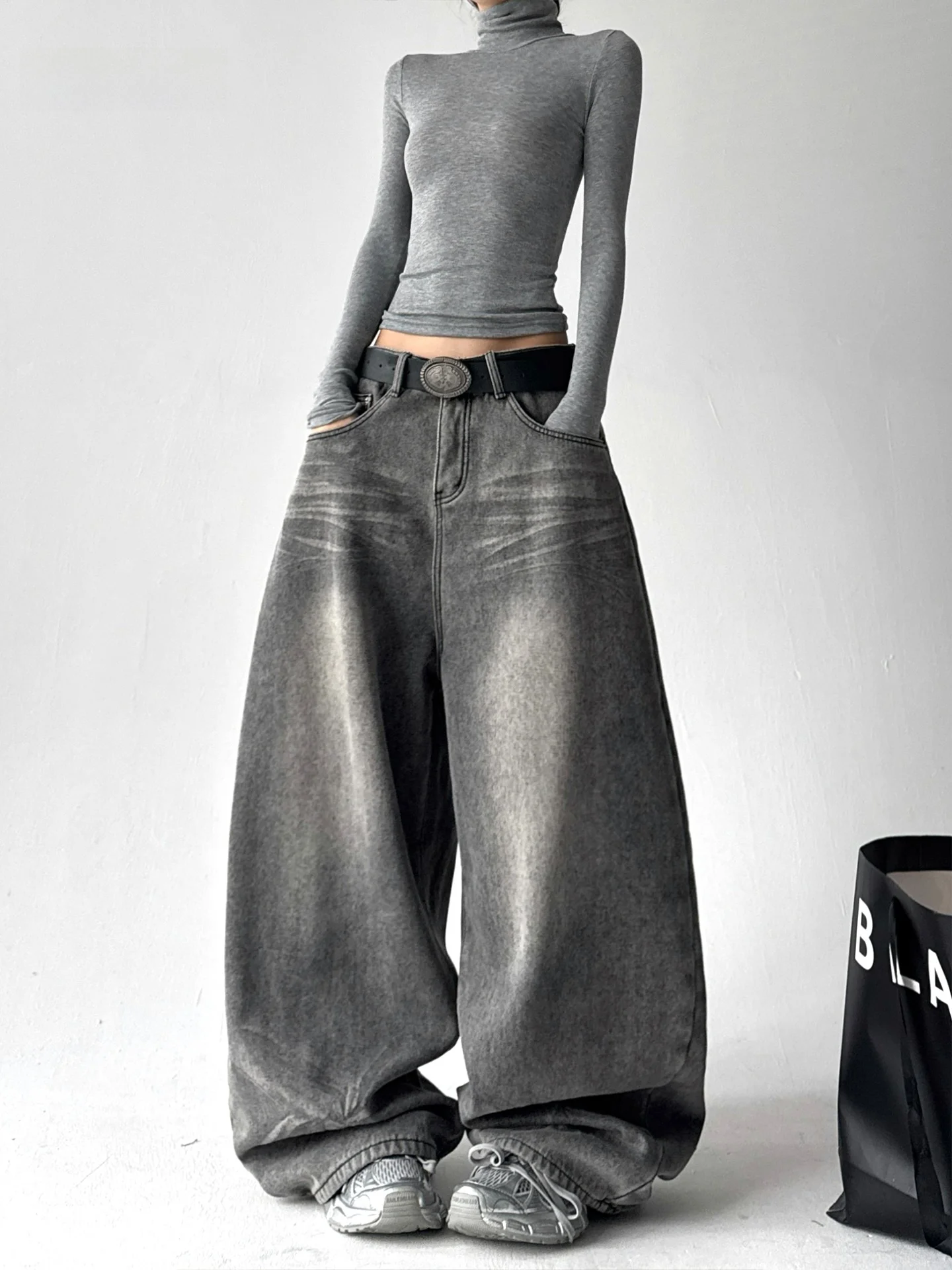 

American Retro Grey Wide Leg Denim Jeans Women's Washed Fleece Slim Loose Drapey Floor-Length Pants Low Waist Cotton Blend