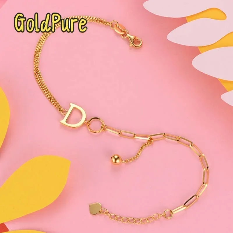 Goldpure Luxury 24K 9999 Pure Gold real gold Simple Design Letter D Women Bracelet