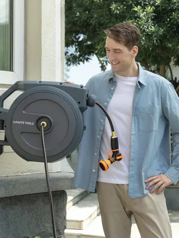 Giraffe Tools AW30 Wall Mounted 1/2" x 100 ft Garden Hose Reel, Retractable Water Hose Reel, Automatic Rewind & Lock at Any Length