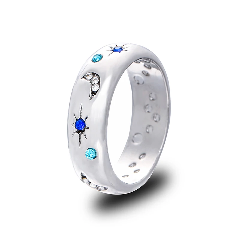 2023 New Celestial Blue Sparkling Moon Sun Star Crystal Ring for Women Fashion Elegant Stackable Finger Band Party Jewelry Gifts