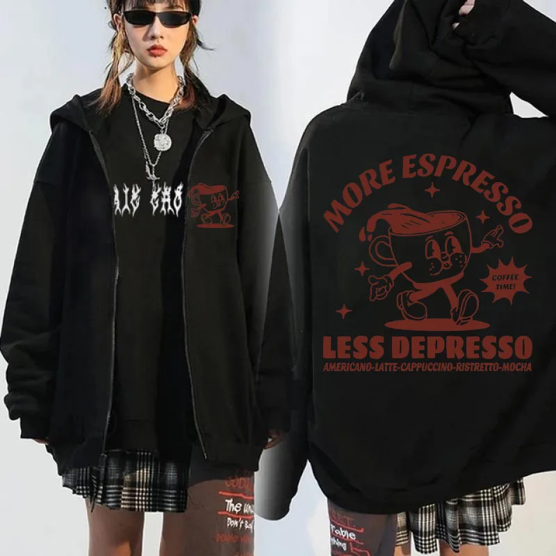 

More Espresso Less Depresso Vintage Zip-up Hoodie Men Women Fashion Oversized Fleece Jacket Winter Fleece Zipper Sweatshirts