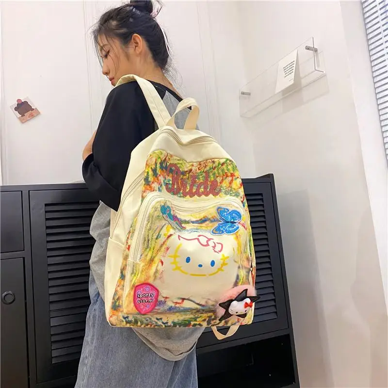 Hot Miniso Kawaii Y2K Graffiti Backpack Dopamine Hello Kitty Cartoon Cute Leisure High Capacity Student Bag School Starts Gift