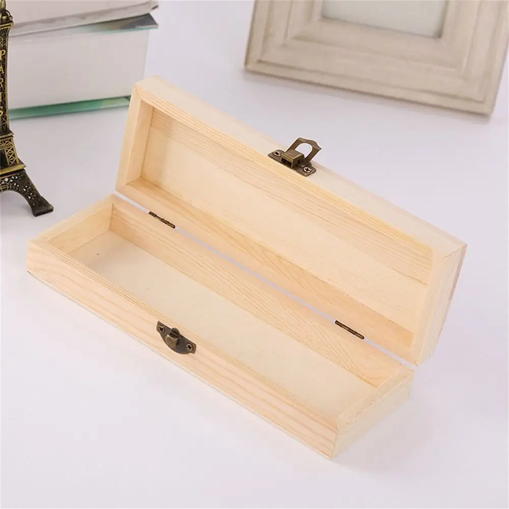 Rectangle Wooden Pencil Box Makeup Organizer Pen Container Stationery Box Desktop Plain Wooden Storage Box Student Gift