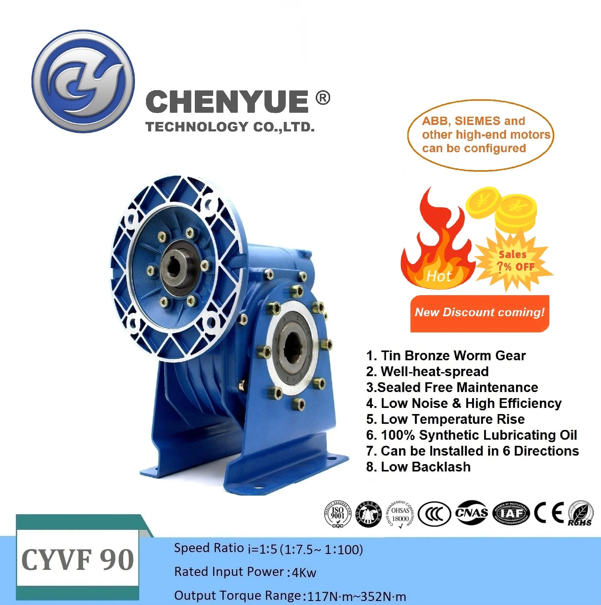 CHENYUE Worm Gearbox NMVF 90  Input19/22/24/28mm Output 35mm Ratio 5:1/100:1 for  Speed Reduction Free Maintenance