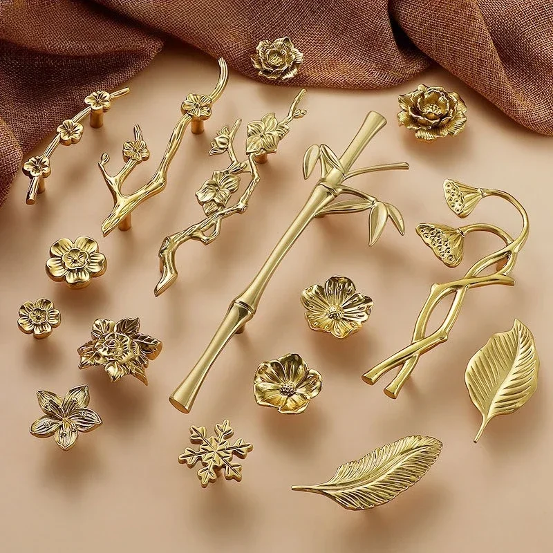European Creative Decoration Branches Leaves Clothes Kitchen Cabinets Handles New Chinese Style Brass Handle Fancy Single Hole