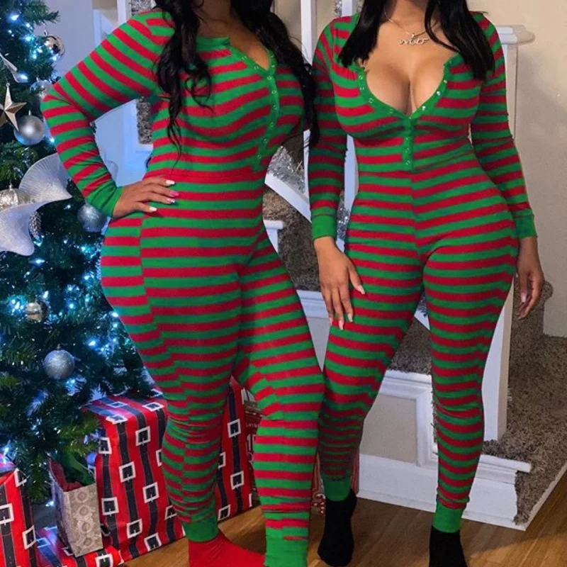 Sexy Christmas Pajamas Romper Women Y2k Stripe Printing Long Sleeve Bodycon 1 Piece Jumpsuit Ugly Christmas Pjs Sleepwear