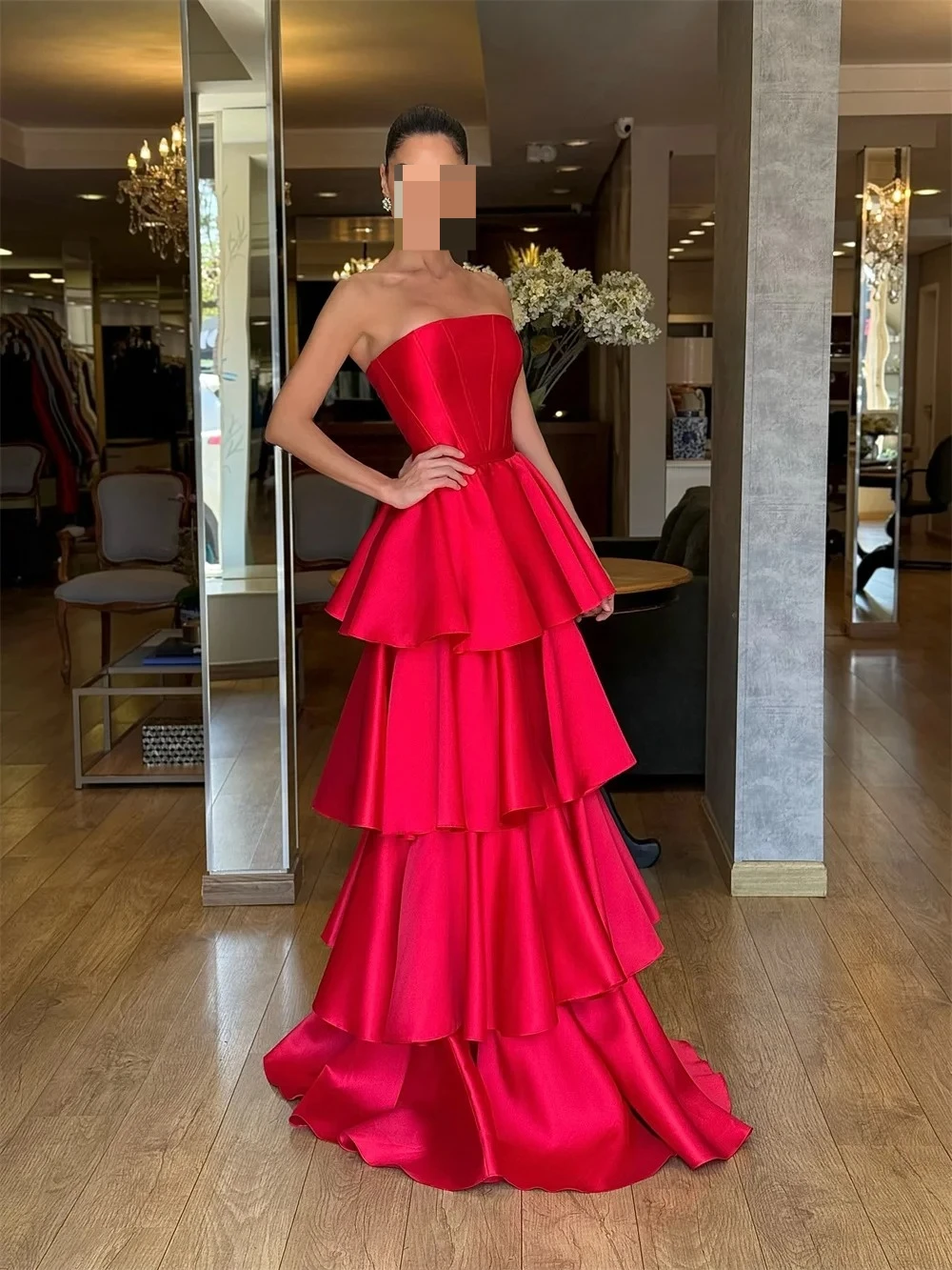 Cathy Customize Red Layered Satin A-line Prom Dress Simple Strapless vestidos de noiva Elegant Floor-length Evening Dresses 2025 image 3
