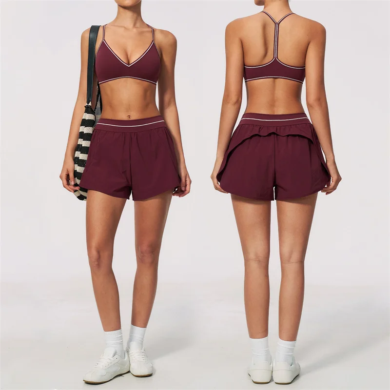 TRY TO BN 2 Piece Gym Sets Colorblock Y-back Sports Bra Ruffled Athletic Shorts Women's Tracksuit Fitness Workout Yoga Clothing