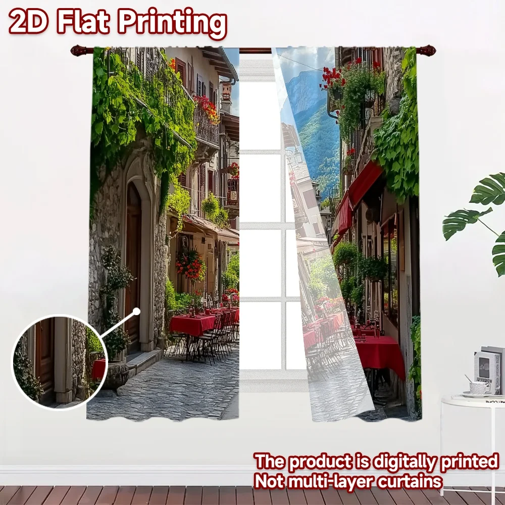 2D flat 2pcs Curtain Home Short Curtains Mountain Village Cafe Street Digitally printed polyester, colorfast Birthday Party Use