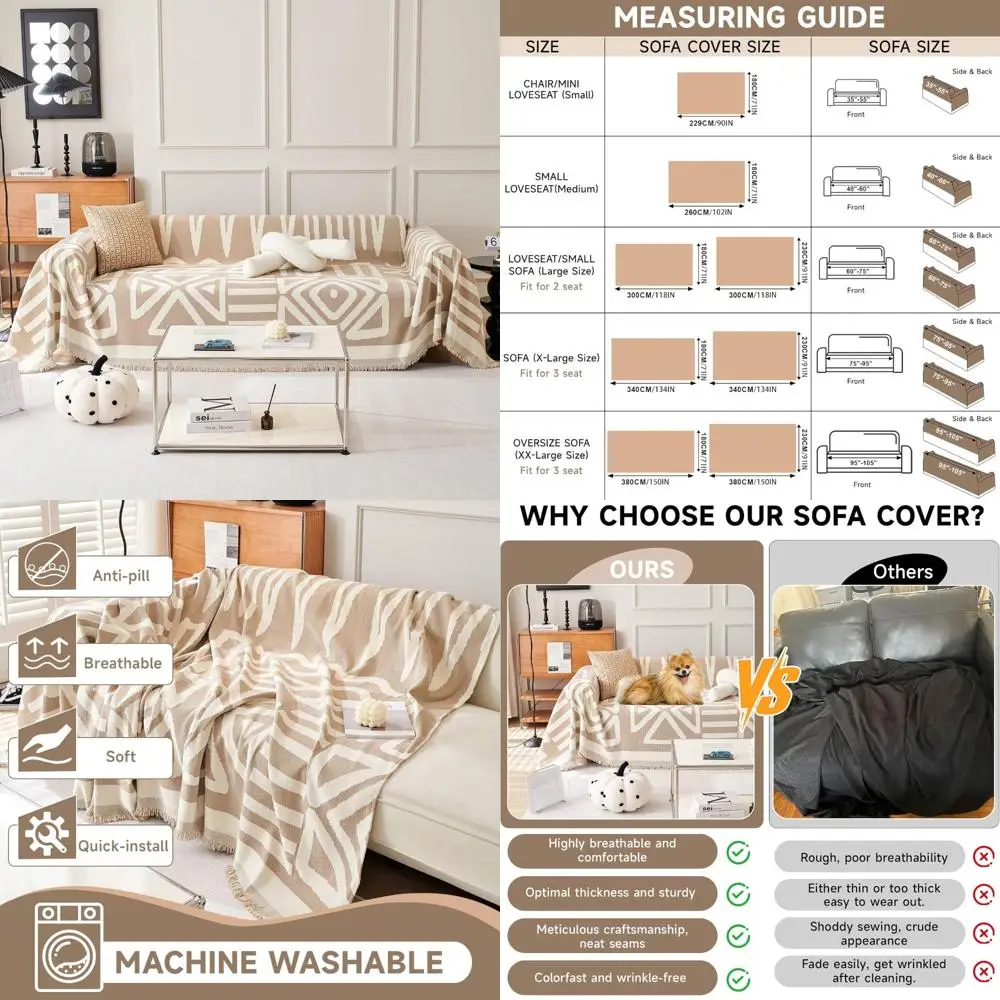 

Thick Chenille Boho Sofa Slipcover White Cream Khaki for 3-4 Cushion Couch Reversible Universal Couch Cover