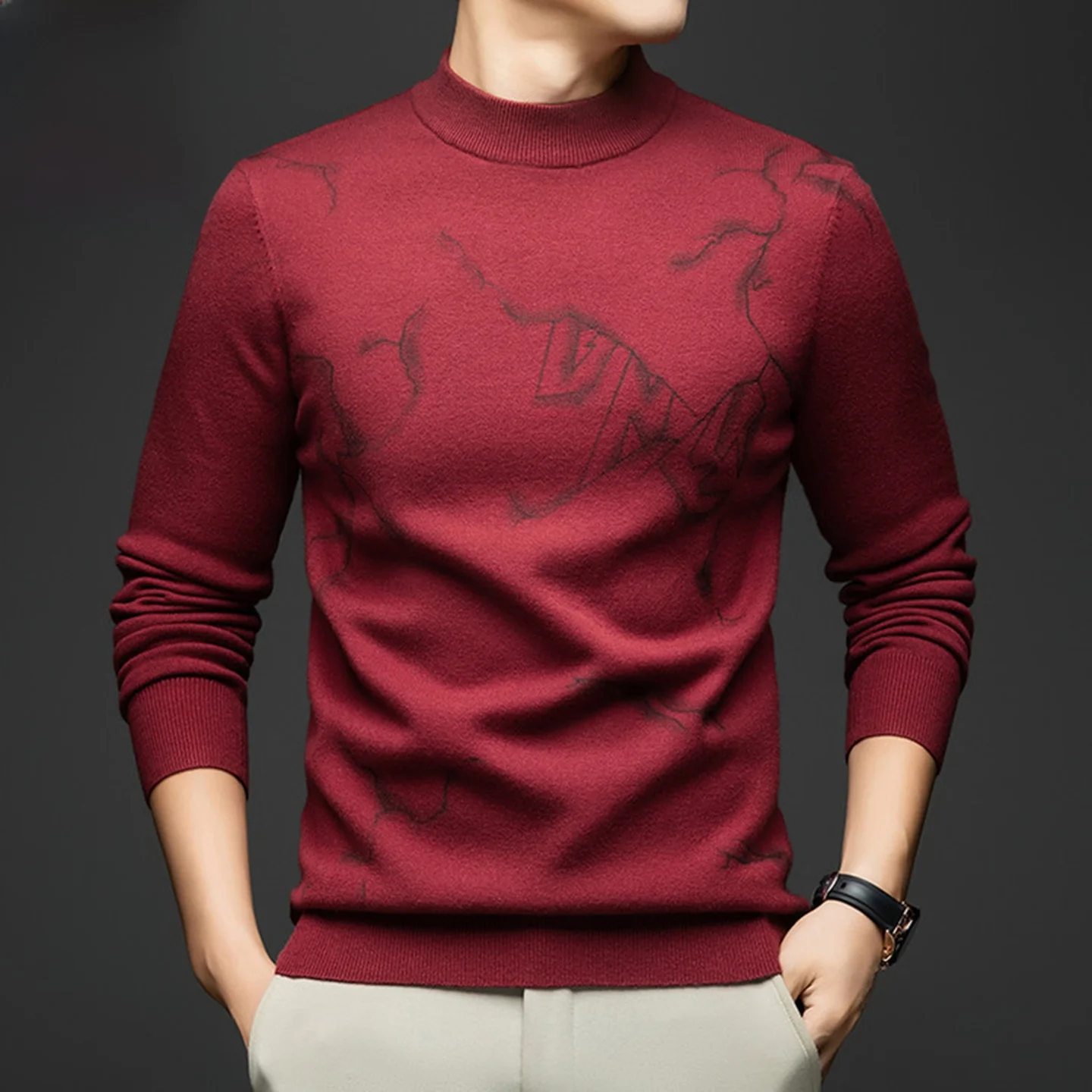 

Мужской модный универсальный вязаный теплый свитер Legend Paul с утолщенным воротником-стойкой и принтом, повседневный стиль