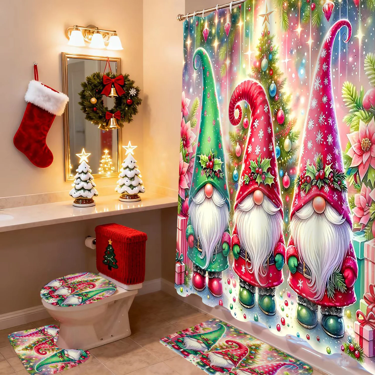 

Christmas Decro Dwarf Pattern Shower Curtain Bath Sets Waterproof Non-Slip Bathroom Rug Toilet U With 12 Hooks Home Deco