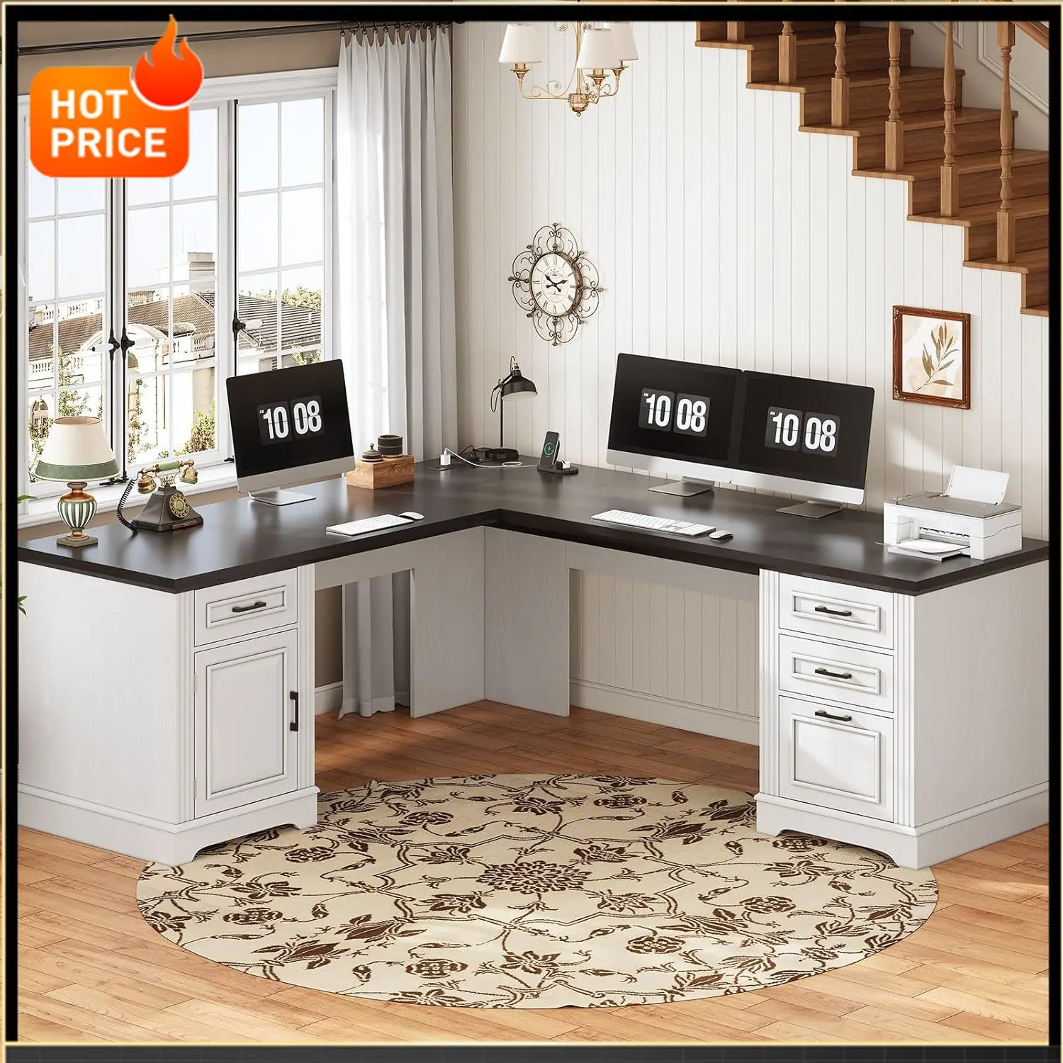 

BestsellerFarmhouse 69" Executive L Shaped Desk, Home Office Desk with Drawers and Storage Cabinet & Power Outlet, Corner Comput