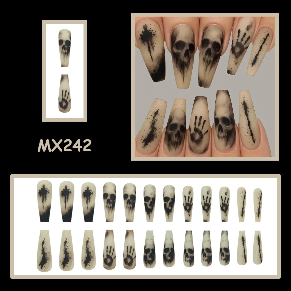 24PCs Halloween Horror Press-on Nails with Black Skeleton Design Long Ballet False Nails with 1 Jelly Glue and 1 Nail File
