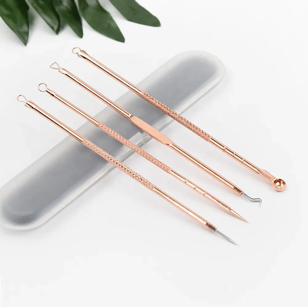 20PCS Trending Beauty Pimple Extractor 4pcs Rose Gold Black head Remover Kit With Transparent Case