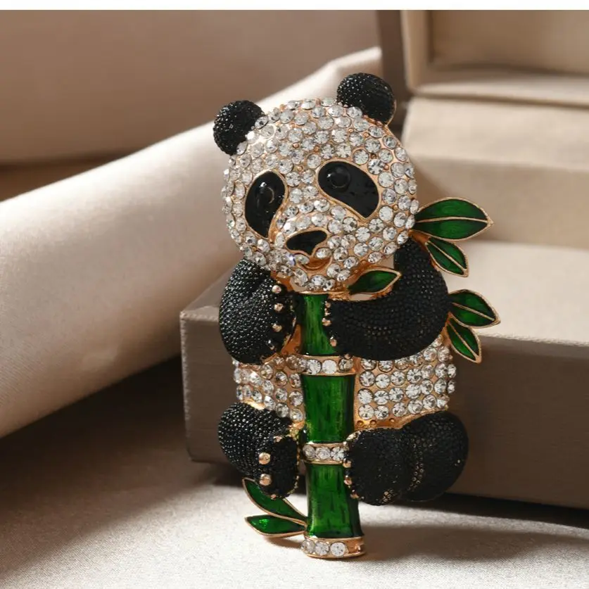 Muylinda Cute Rhinestone Panda Brooch Giant Pin Suit Shirt  Animal Fashion Brooches Children Festival Pandas Eat Bamboos