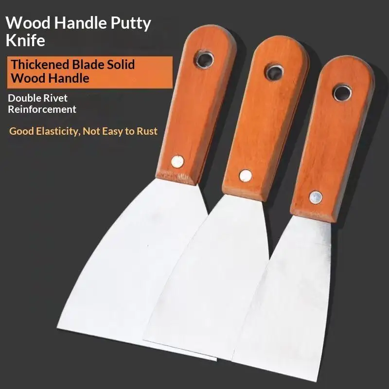 Putty Knife Set Rust Resistant Thick Stainless Steel Blades Wooden Handles For Drywall Repair Home Renovation