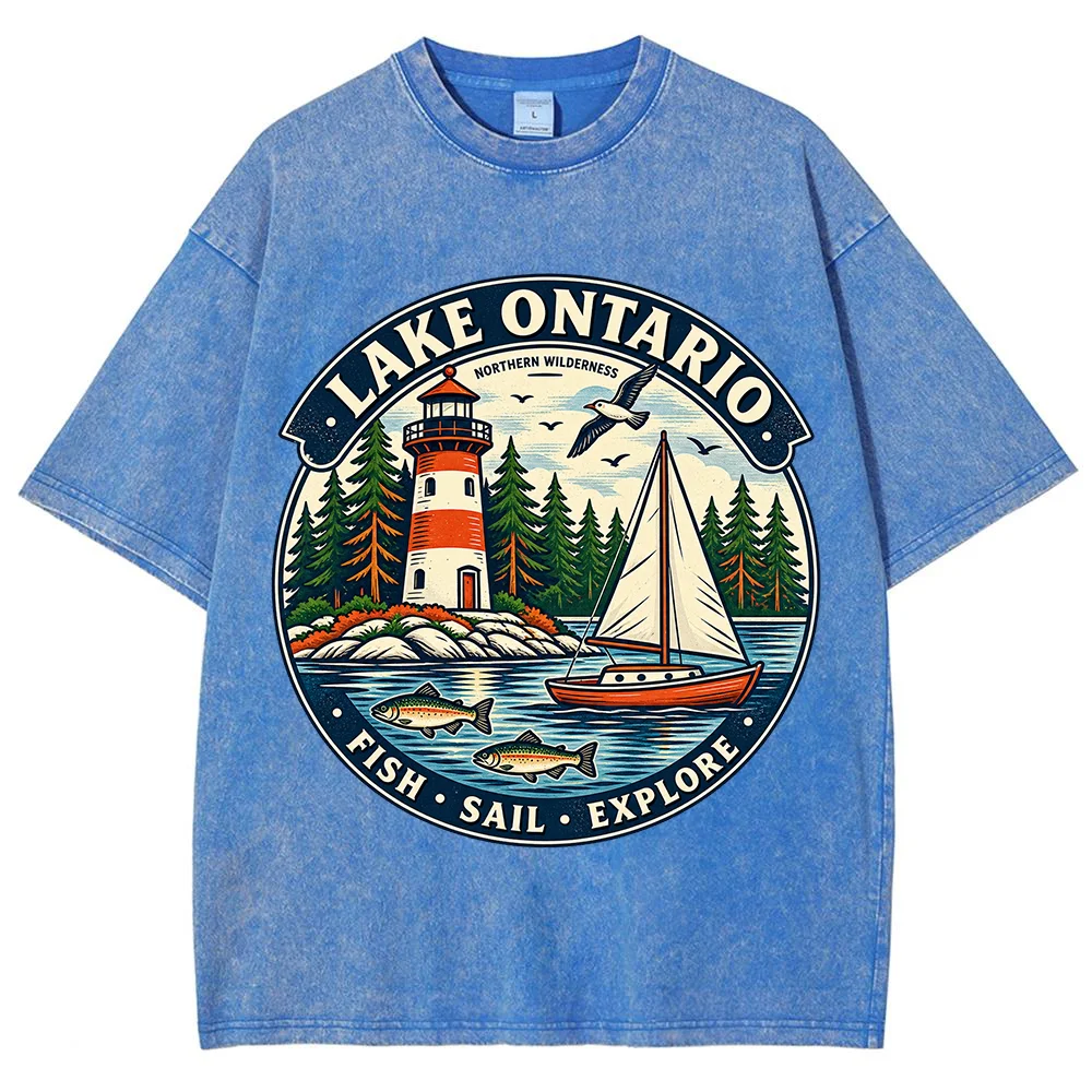 Mens Lake Ontario Fishing Graphic T Shirt Vintage Lighthouse Sailboat Fish Print Casual Short Sleeve Summer Tee Outdoor Top ﻿