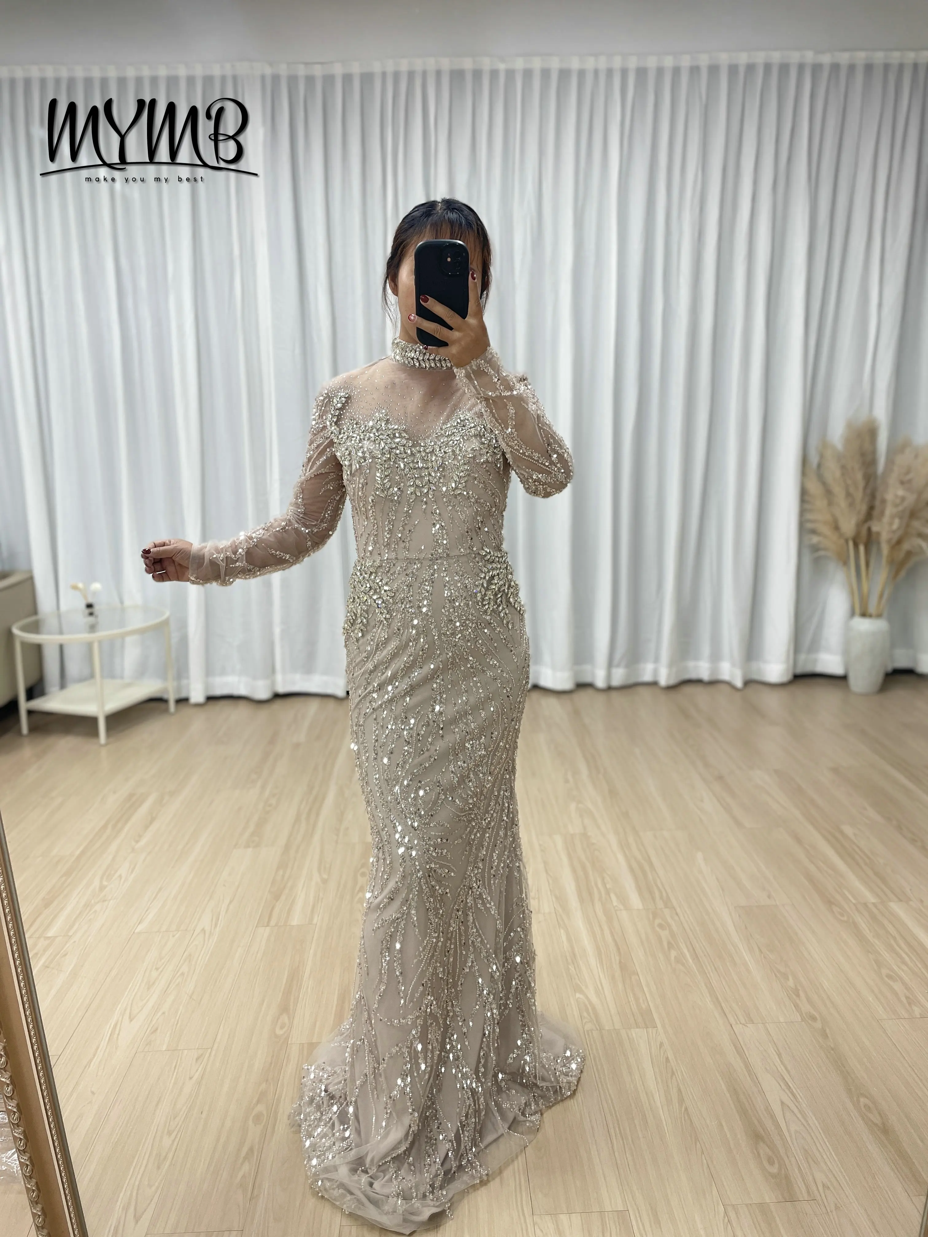 MYMB Luxury Couture Evening Dress Gown for Banquet Embellished Exquisite Embroidery Crystal With Detachable Back Skirt MB40216-3