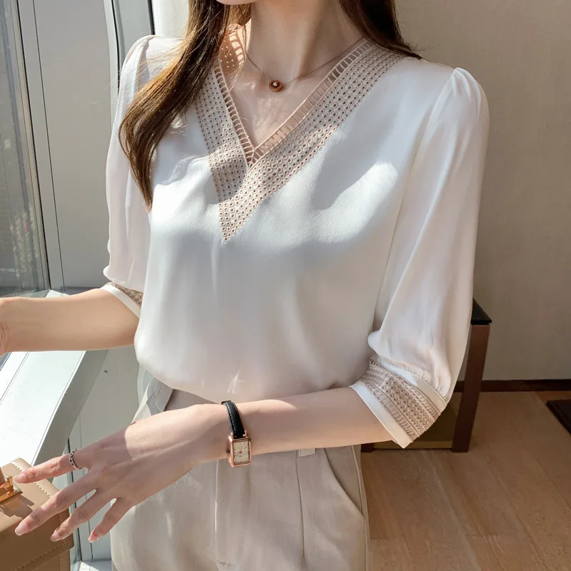 Embroidery Half Sleeve White Lace Women Blouses 2024 Autumn V-Neck Loose Chiffon Tops Shirt Office Lady Elegant Blusas 13366