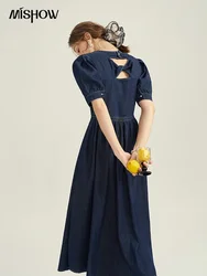 MISHOW Hepburn French Waist Short Sleeve Denim Dress 2024 Summer 100 Cotton Back Bow Hollow Out A-line Long Dresses MPD21L1846