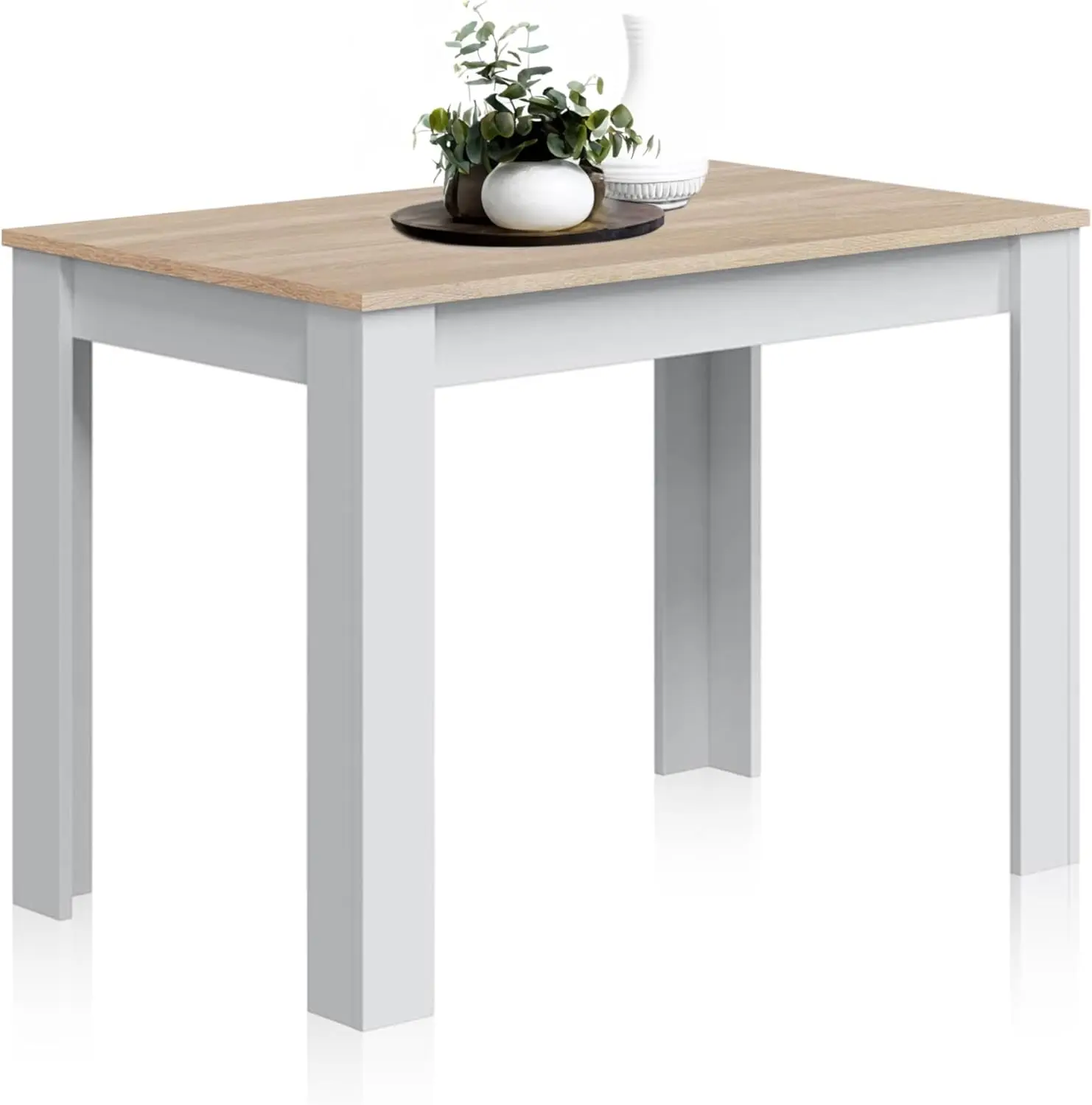 Mesa de comedor rectangular para 6 personas, blanco, bandeja de haya, 109 cm